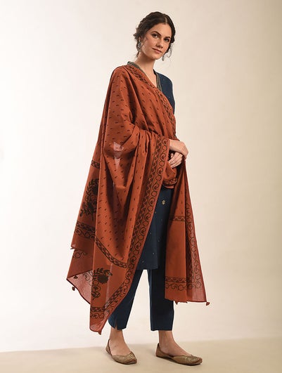 Women Rust Orange Cotton Block Print Dupatta