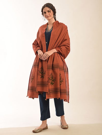 Women Rust Orange Cotton Block Print Dupatta