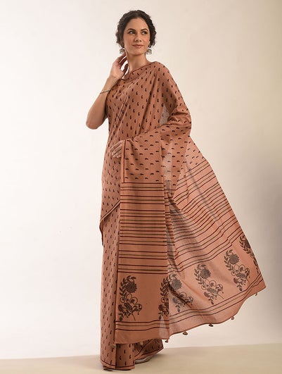 Women Pink Block Printed Voil Saree