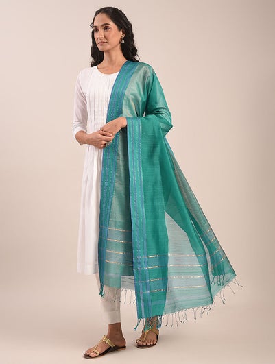 Women Blue Cotton Silk Hand Woven Dupatta