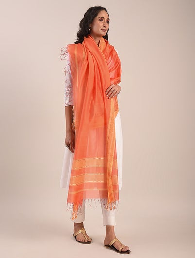 Women Orange Cotton Silk Hand Woven Dupatta