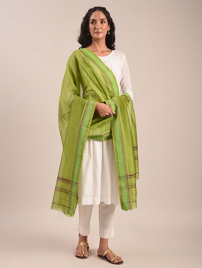 Women Green Cotton Silk Hand Woven Dupatta