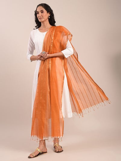 Women Orange Cotton Silk Hand Woven Dupatta