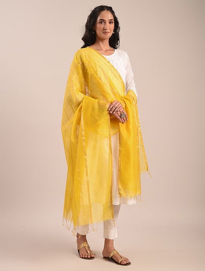 Women Yellow Cotton Silk Hand Woven Dupatta