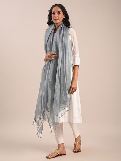 Women Grey Handwoven Silk Organza Dupatta