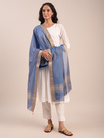 Women Navy Blue Cotton Silk Hand Woven Dupatta