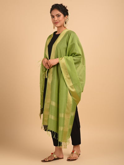 Women Green Cotton Silk Hand Woven Dupatta