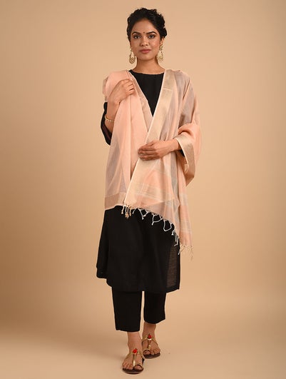 Women Peach Orange Cotton Silk Hand Woven Dupatta