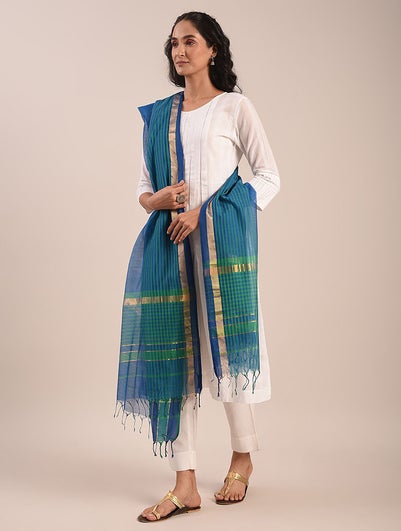 Women Blue Cotton Silk Hand Woven Dupatta