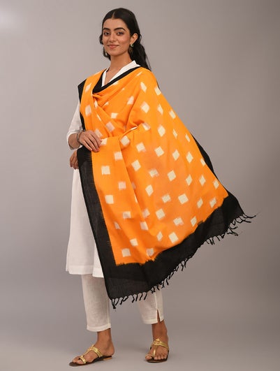 Women Orange Handloom Ikat Cotton Dupatta