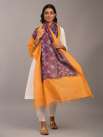 Women Purple Handloom Ikat Cotton Dupatta