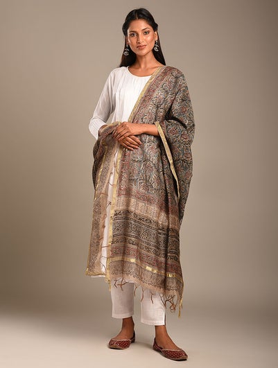 Women Multicolour Cotton Silk Kalamkari Dupatta