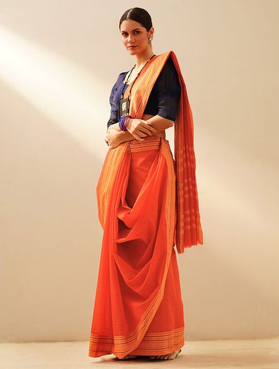 Women Orange Handloom Cotton Saree