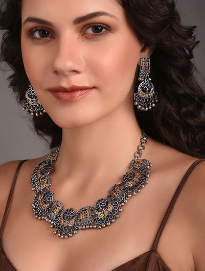 Women Blue Dual Tone Tribal Necklace Set