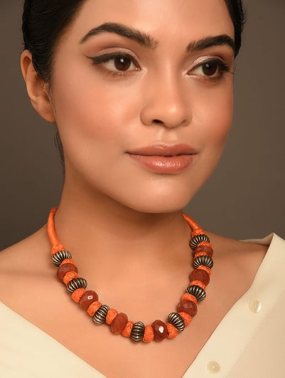 Women Orange Silver Tone Tribal Necklace