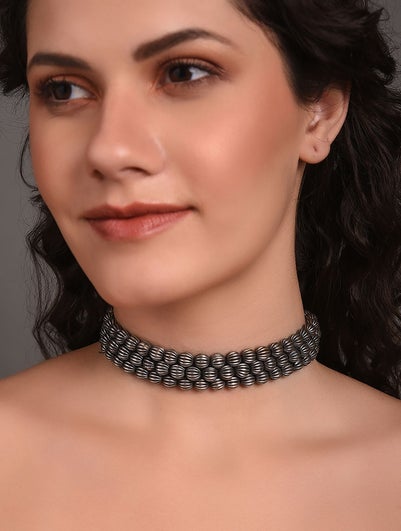 Women Silver Tone Tribal Choker Necklace