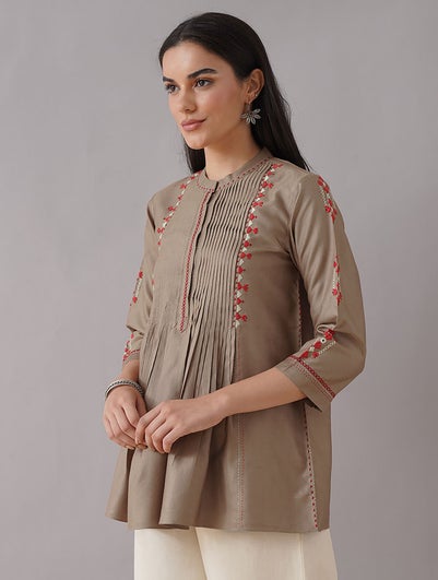 Women Beige Brown Silk Blend Embroidered Mandarin Regular Fit Top - XS