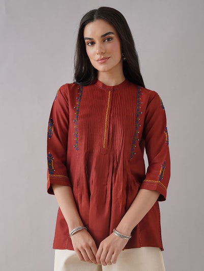 Women Red Silk Blend Embroidered Mandarin Regular Fit Top