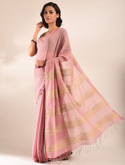 Women Pink Handwoven Silk Cotton Saree