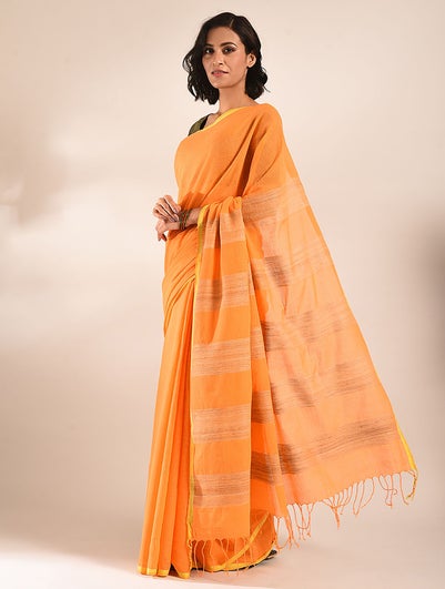 Women Orange Handwoven Silk Cotton Saree