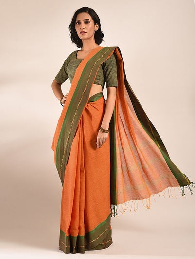 Women Orange Handwoven Cotton Saree