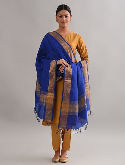 Women Blue Cotton Silk Hand Woven Dupatta