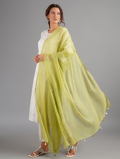 Women Green Hand Embroidered Kota Dupatta