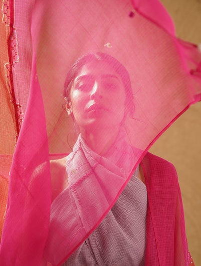 Women Pink Hand Embroidered Kota Dupatta