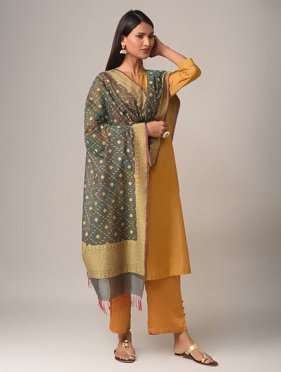 Women Green Benarasi Cotton Dupatta