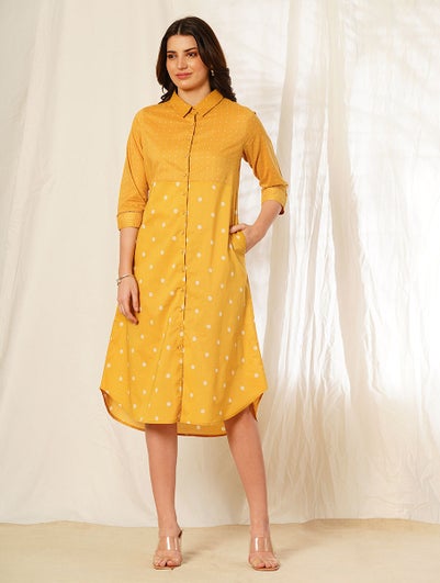 Women Mustard Yellow Cotton Printed Shirt Collar Block Print Dress