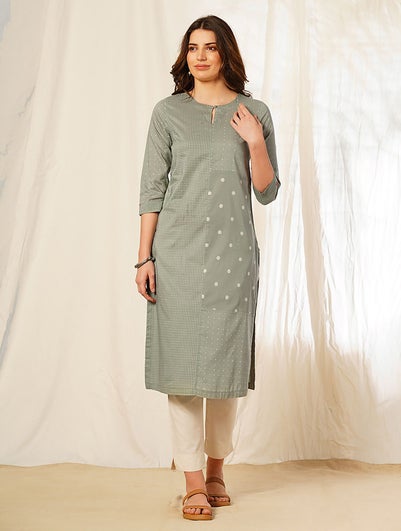 Women Green Cotton Block Print Round Neck Straight Fit Kurta - XS