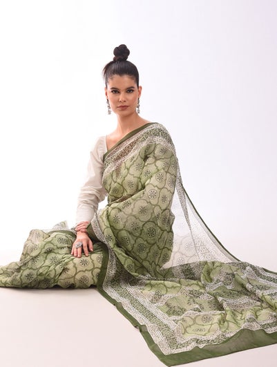 Women Green Block Print Chanderi Saree