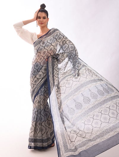 Women Blue Block Print Chanderi Saree