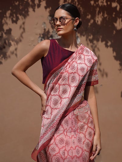 Women Pink Block Printed Chanderi Saree