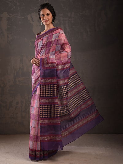 Women Purple Block Print Chanderi Saree