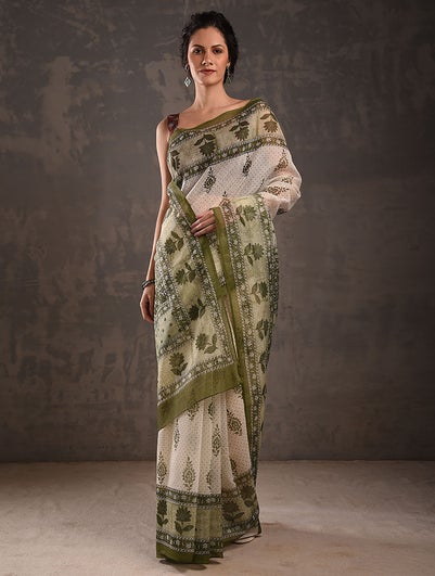 Women Green Block Print Chanderi Saree