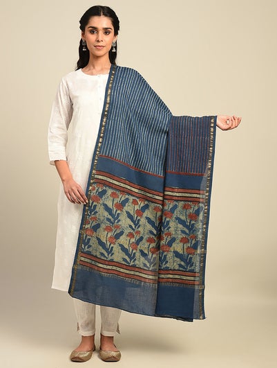 Women Blue Block Print Mercerized Cotton Dupatta With Zari