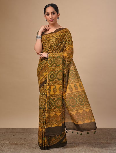 Women Yellow Ajrakh Cotton Mul Saree