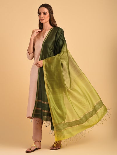 Women Green Cotton Silk Maheshwari Dupatta