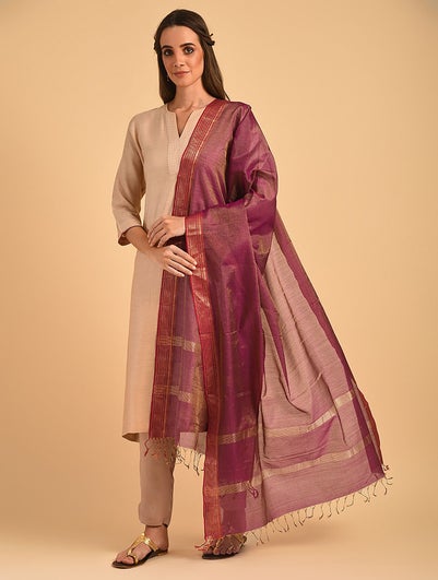 Women Purple Cotton Silk Maheshwari Dupatta