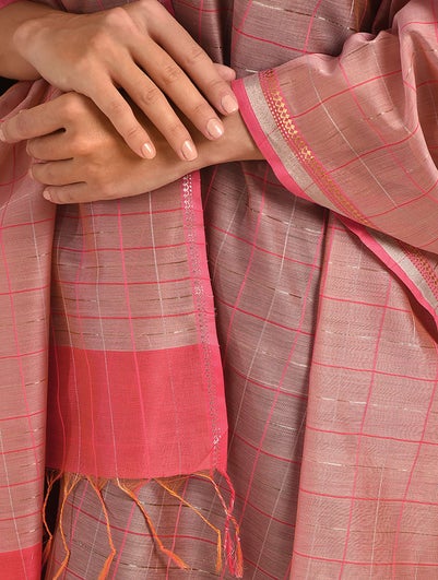 Women Pink Cotton Silk Maheshwari Dupatta