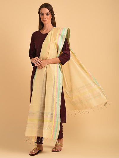 Women Beige Brown Cotton Silk Maheshwari Dupatta