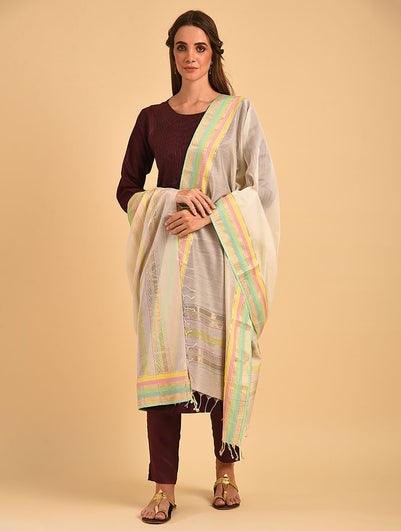 Women Off White_Cream Cotton Silk Maheshwari Dupatta