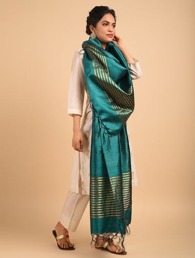 Women Green Silk Hand Woven Dupatta