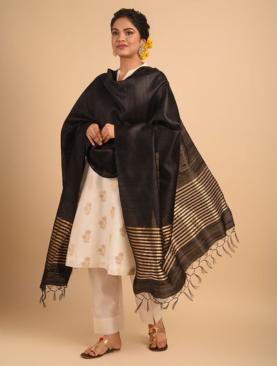 Women Black Silk Hand Woven Dupatta