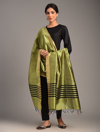 Women Green Silk Hand Woven Dupatta