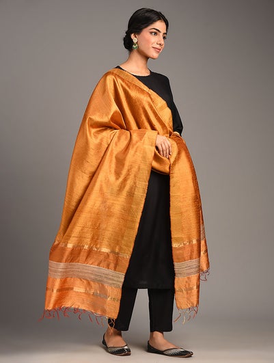 Women Mustard Yellow Silk Hand Woven Dupatta