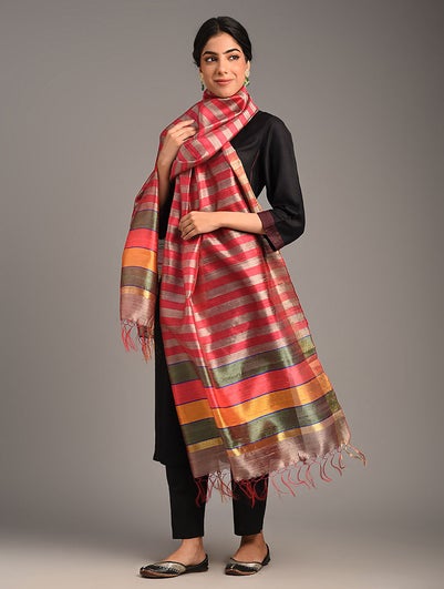 Women Brown Silk Hand Woven Dupatta