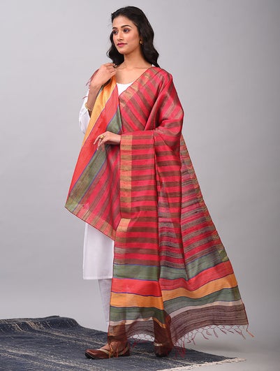 Women Red Handloom Mulberry Silk Dupatta