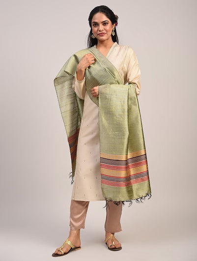 Women Green Silk Hand Woven Dupatta